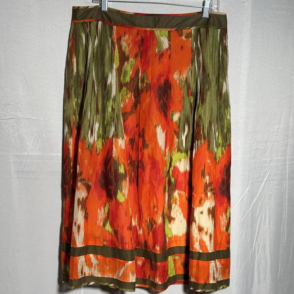 Talbots Abstract Print Skirt Size 14 Orange Green Pleated Knee Length Career